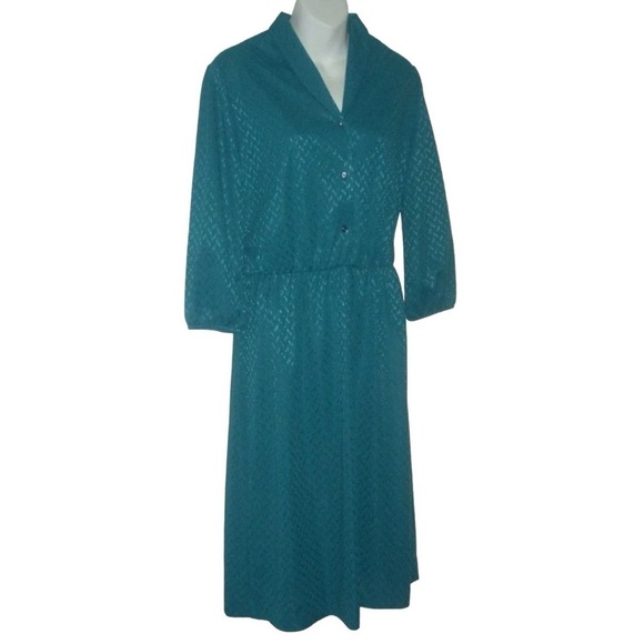 Vintage 70's Sears Perma-Smooth Turquoise Classic Secretary Dress Retro Plus 16 - Picture 2 of 10